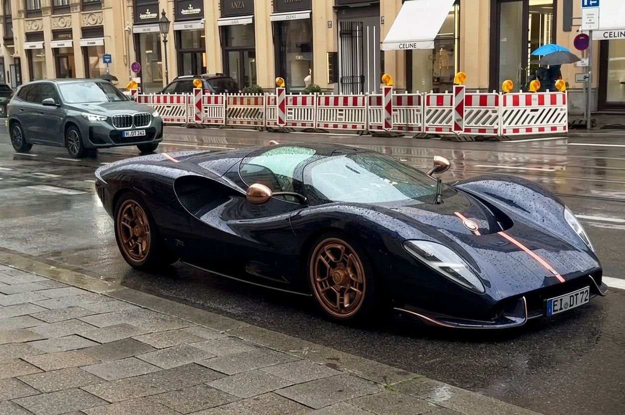 Curvaceous De Tomaso P72 spotted on the wet streets of Munich